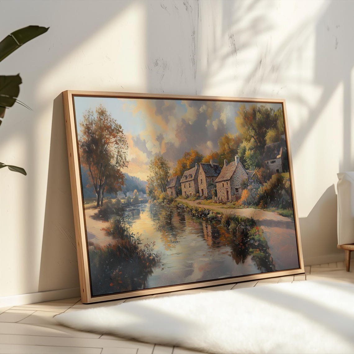 Stone Cottages Beside an Autumn River in Golden Light Poster - Image 3