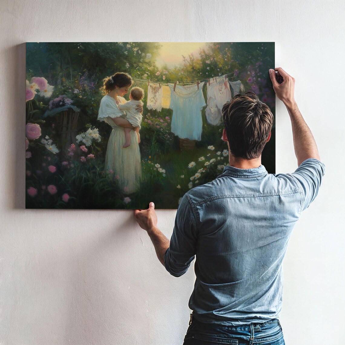 Tender Mother and Child in Flower Garden Impressionist Wall Art - Image 2