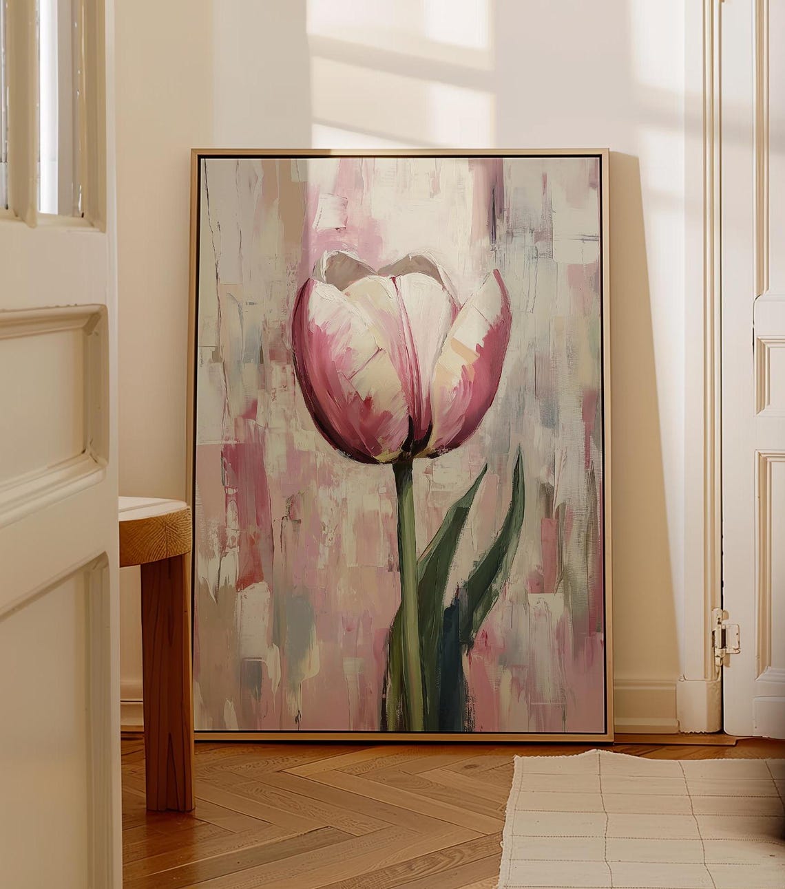 Single Pink Tulip Against a Soft Abstract Floral Background Poster - Image 5