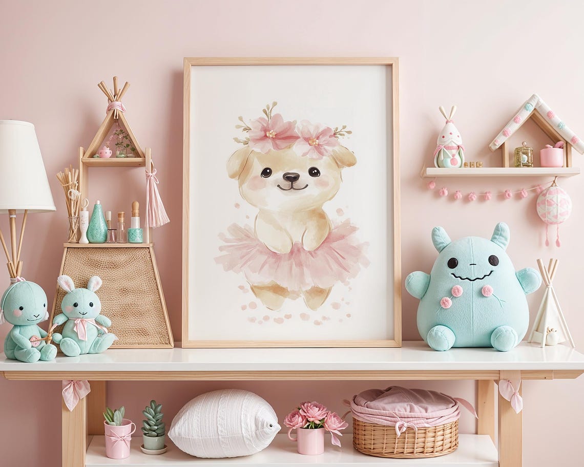 Happy Smiling Puppy Ballerina in Pink Tutu Nursery Art Poster - Image 4