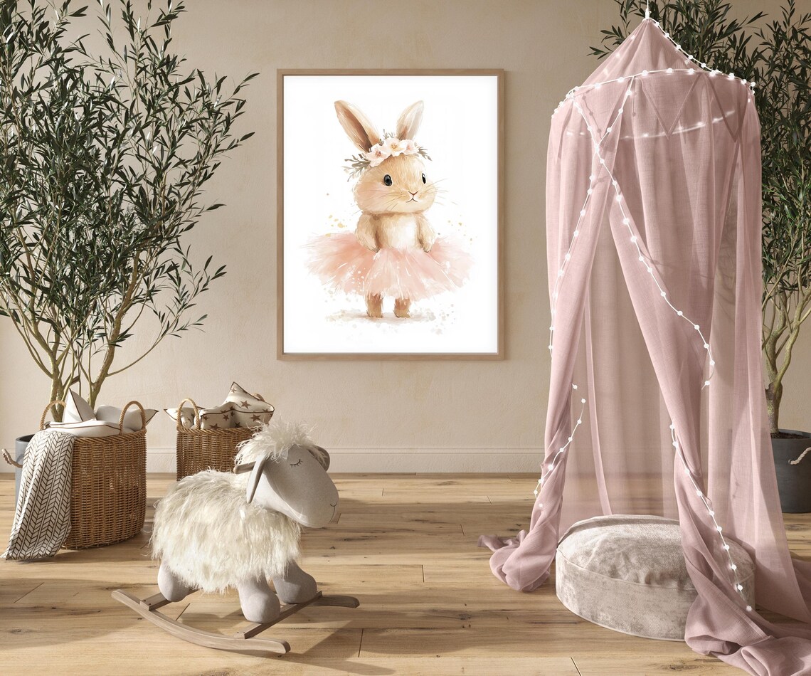 Sweet Standing Ballet Bunny Watercolor Nursery Wall Art Pink Tutu - Image 2