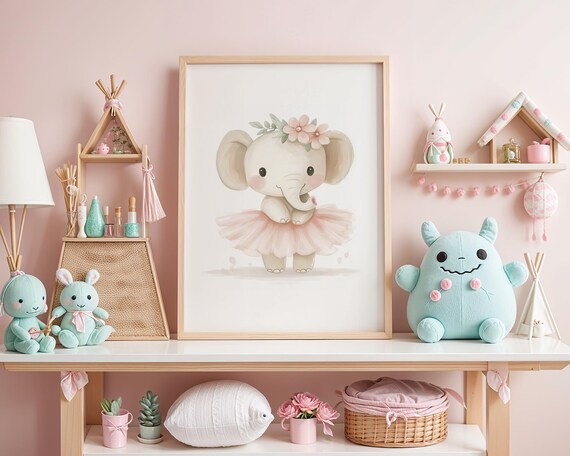 Whimsical Baby Elephant in Tutu with Flower Crown Nursery Art Poster