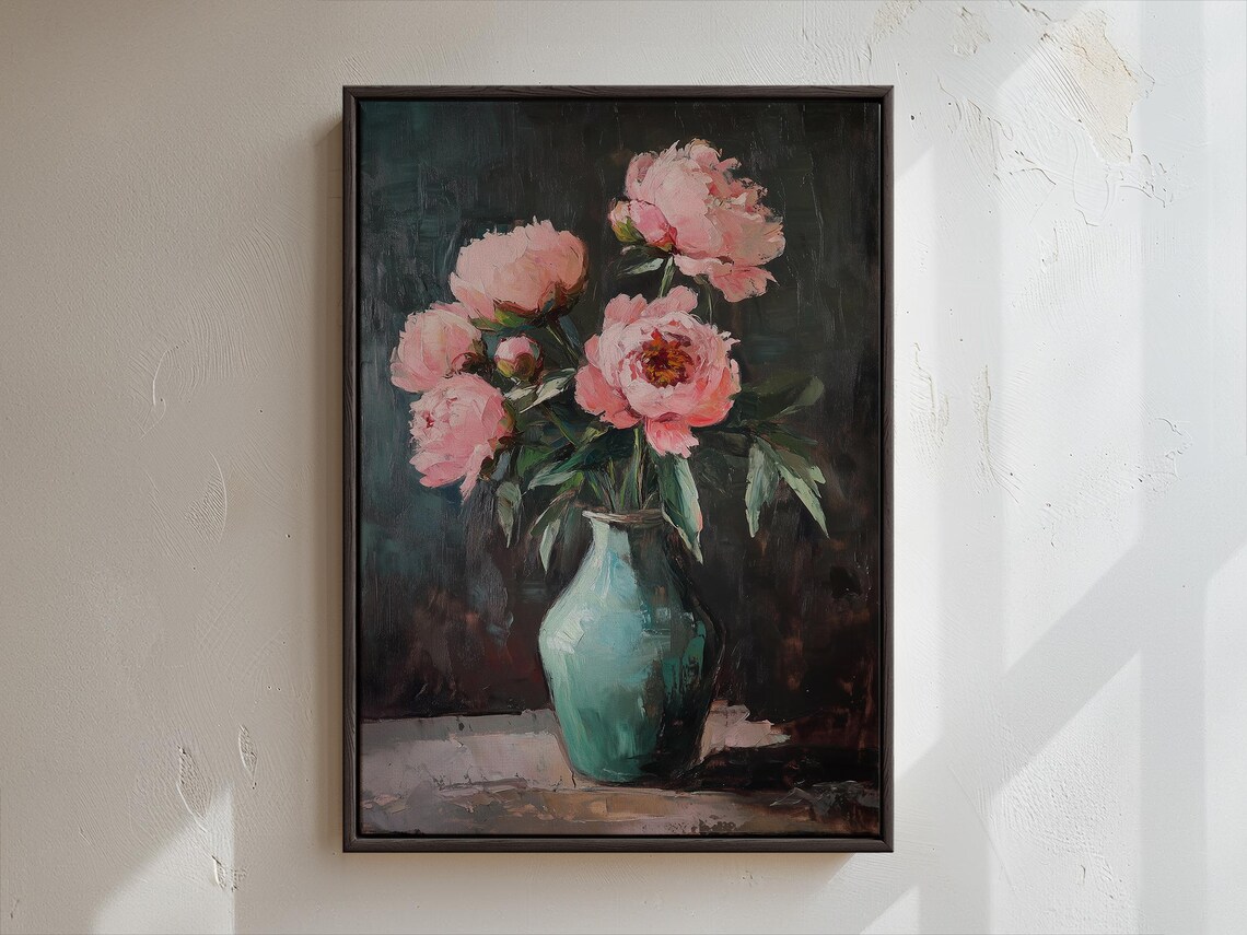 Moody Blush Pink Peonies in Teal Vase Dark Floral Oil Wall Art - Image 4