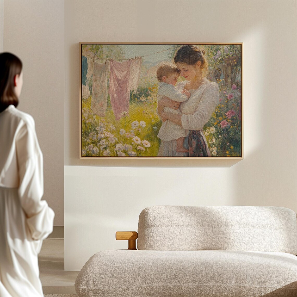 Sunny Mother Holding Baby in Daisy Meadow Vintage Garden Wall Art - Image 4