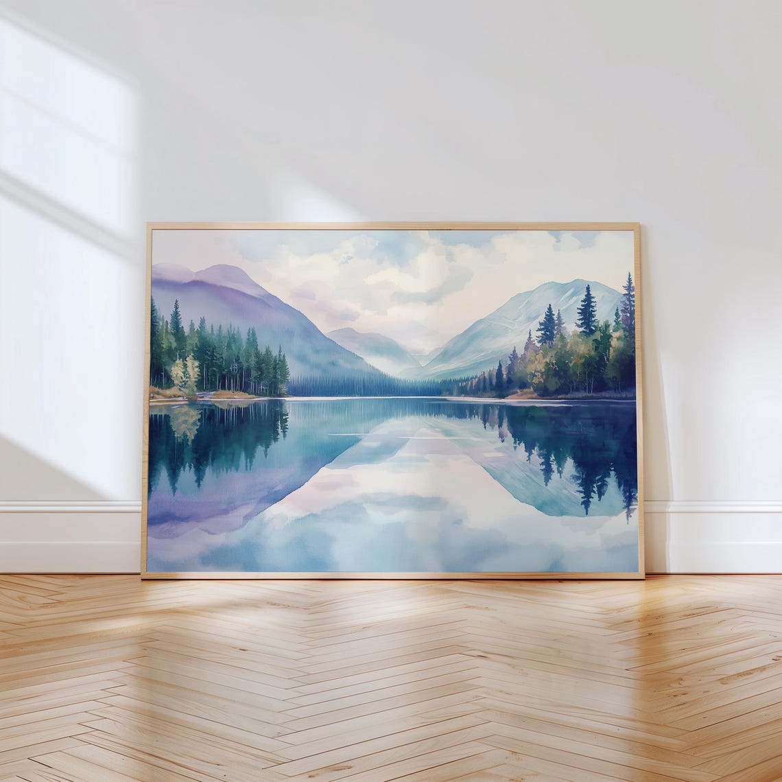 Still Mirror Lake With Mountains in Watercolor Painting Poster - Image 3