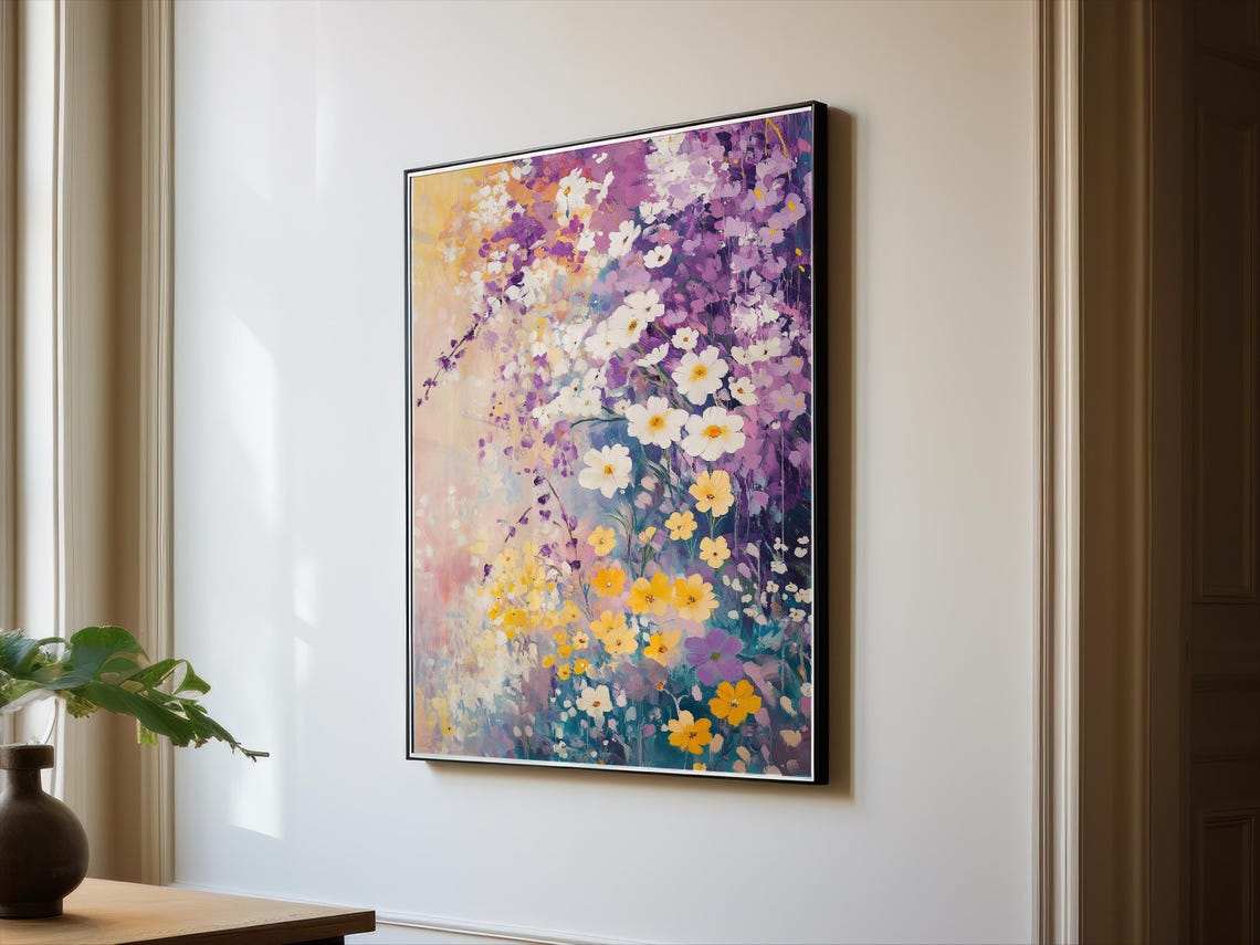 Impressionist Purple Cosmos and Yellow Wildflowers Painting Poster - Image 2