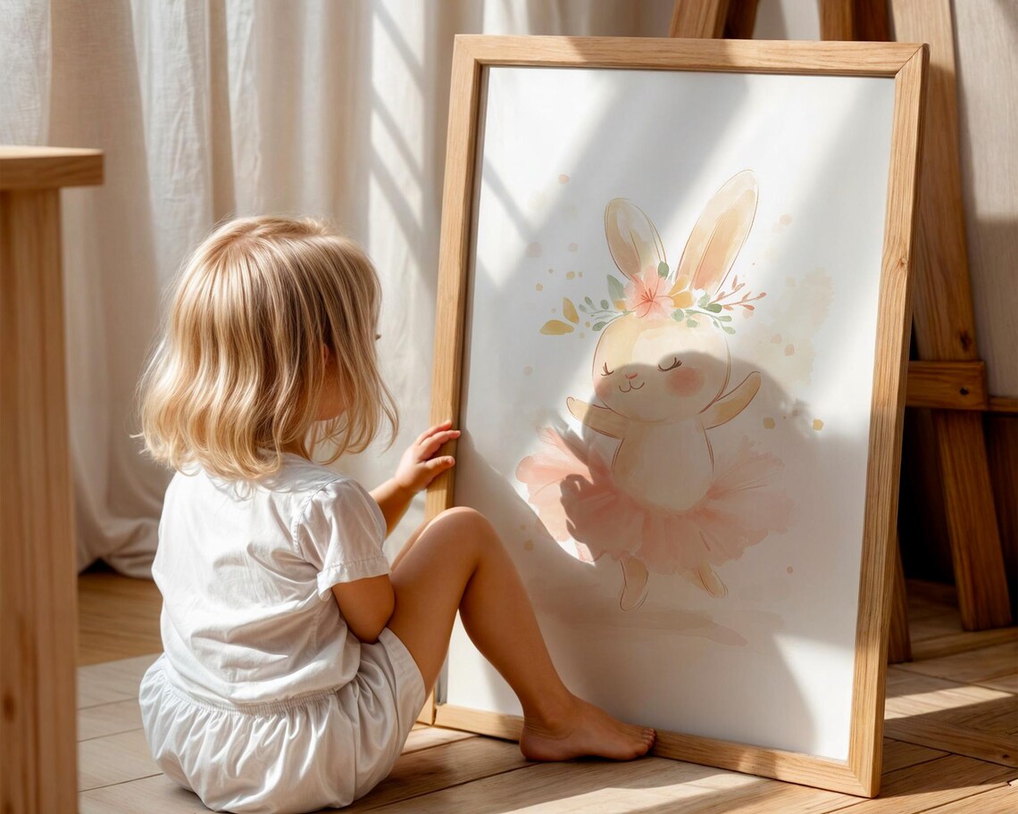 Dancing Ballet Bunny Watercolor Nursery Wall Art Flower Crown - Image 5