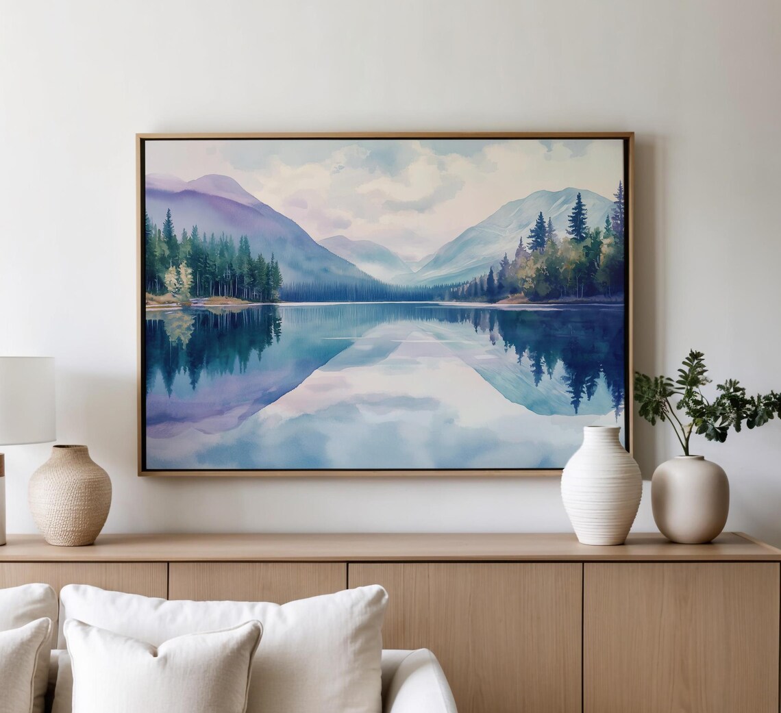Still Mirror Lake With Mountains in Watercolor Painting Poster