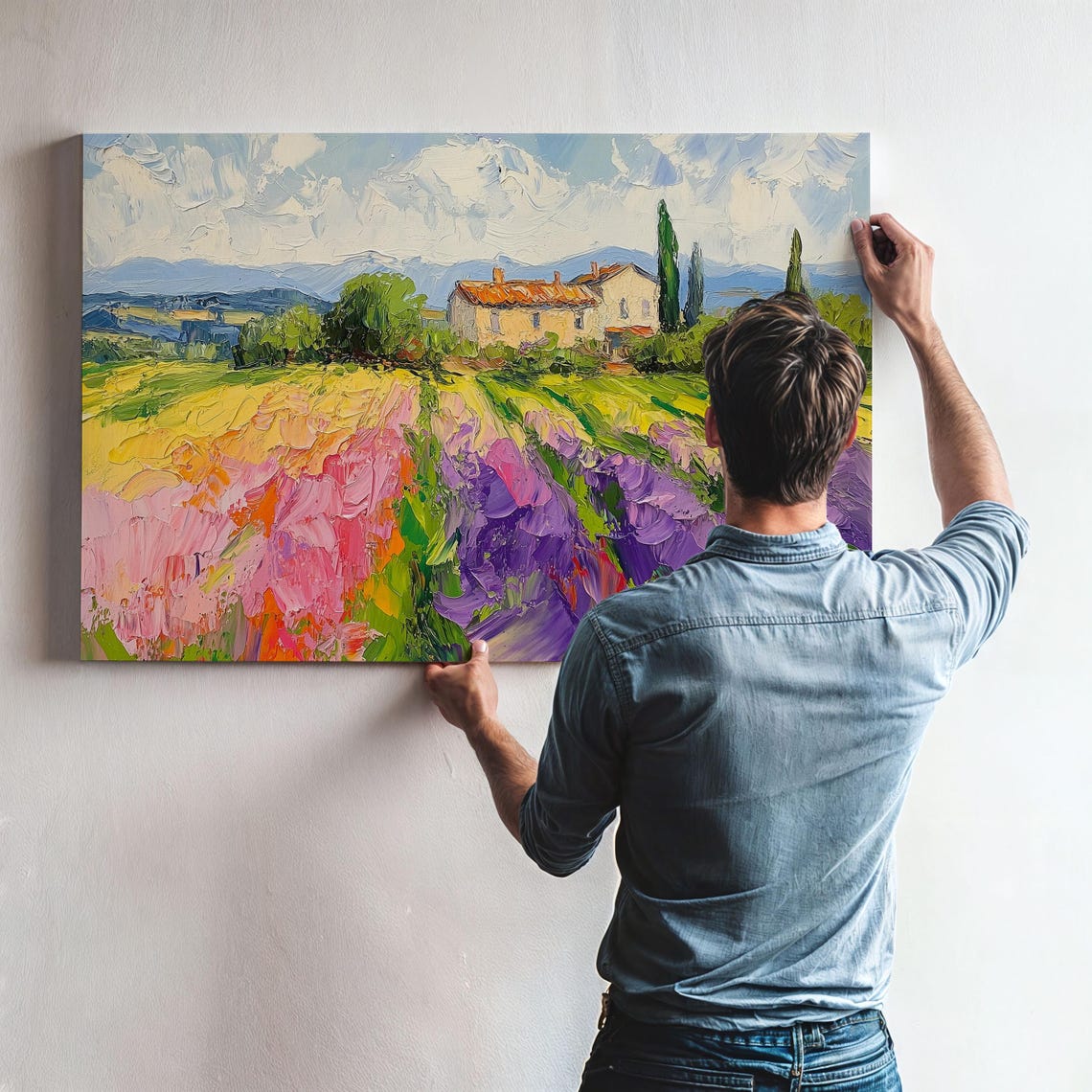 Rustic Farmhouse Among Lavender and Flower Fields Art Poster - Image 3