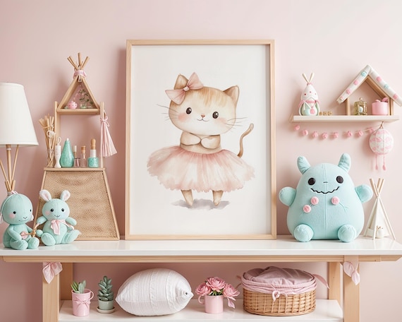 Lovely Cute Kitten Ballerina with Pink Bow Nursery Art Poster