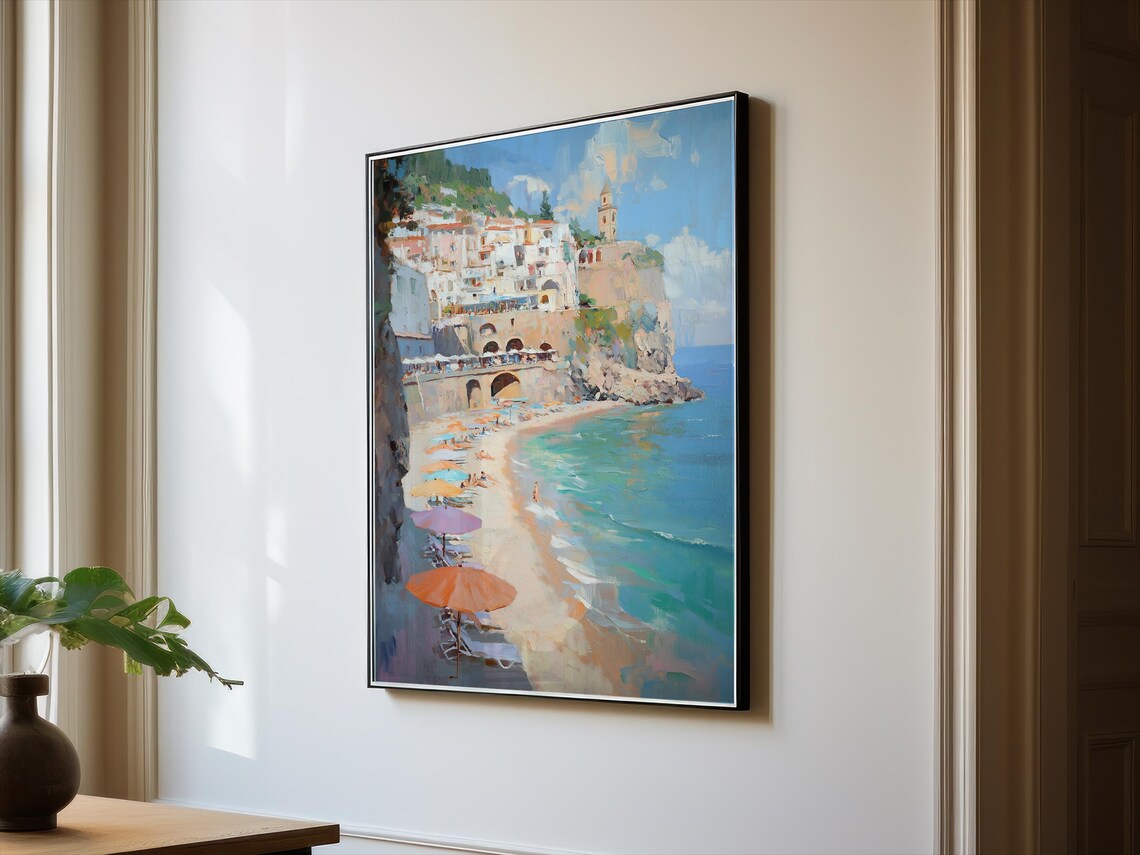 Amalfi Style Coastal Town Beach Painting Turquoise Water Wall Art - Image 2