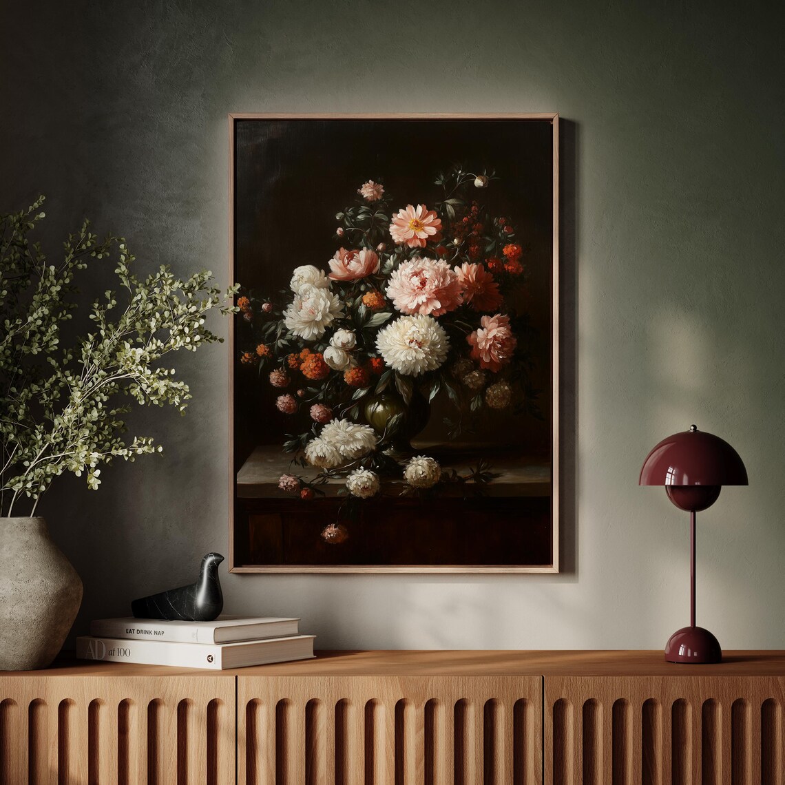 Dark Still Life of White Peonies and Blossoms Vintage Floral Wall Art - Image 4