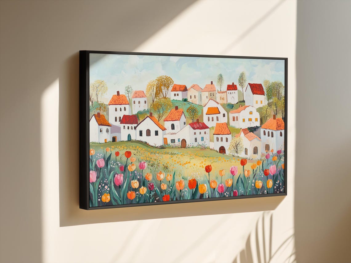 Quaint Hillside Village Above a Tulip Meadow Landscape Poster - Image 2