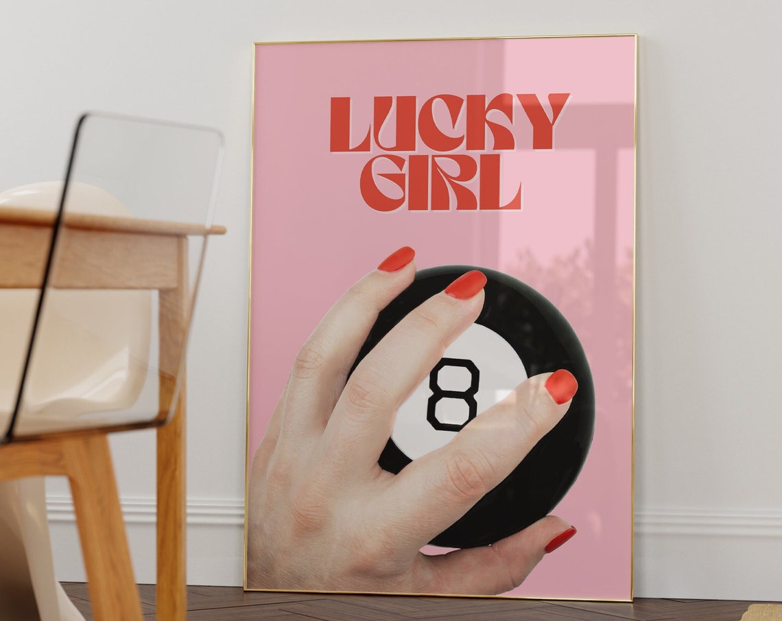 Lucky Girl 8 Ball Pink Retro Red Nails Trendy Dorm Room Poster
