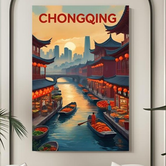 Chongqing China Lantern Canal Market Boats Dusk Scene Poster