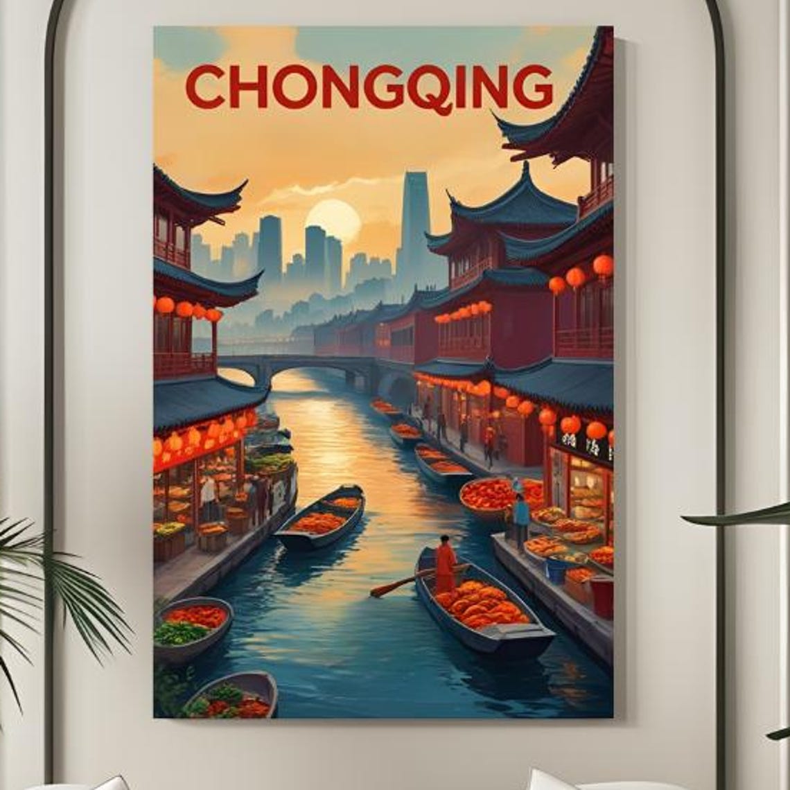 Chongqing China Lantern Canal Market Boats Dusk Scene Poster