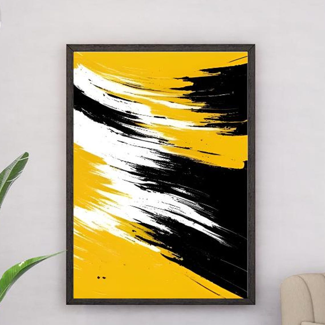 Yellow Black White Diagonal Brushstrokes Bold Abstract Art Poster