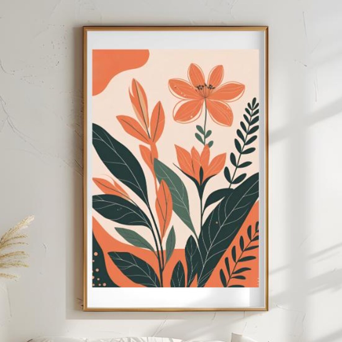 Mid Century Floral Orange Bloom Minimalist Botanical Wall Poster