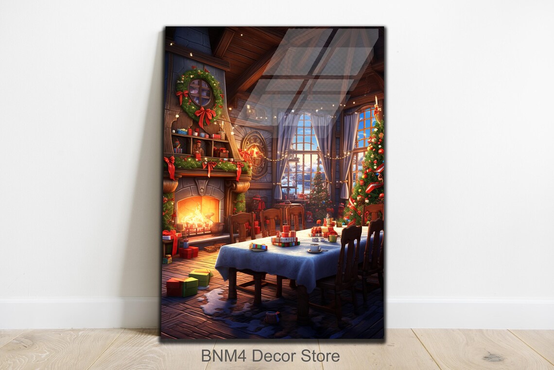 Cozy Christmas Cabin Dining Room with Fireplace and Gifts Poster