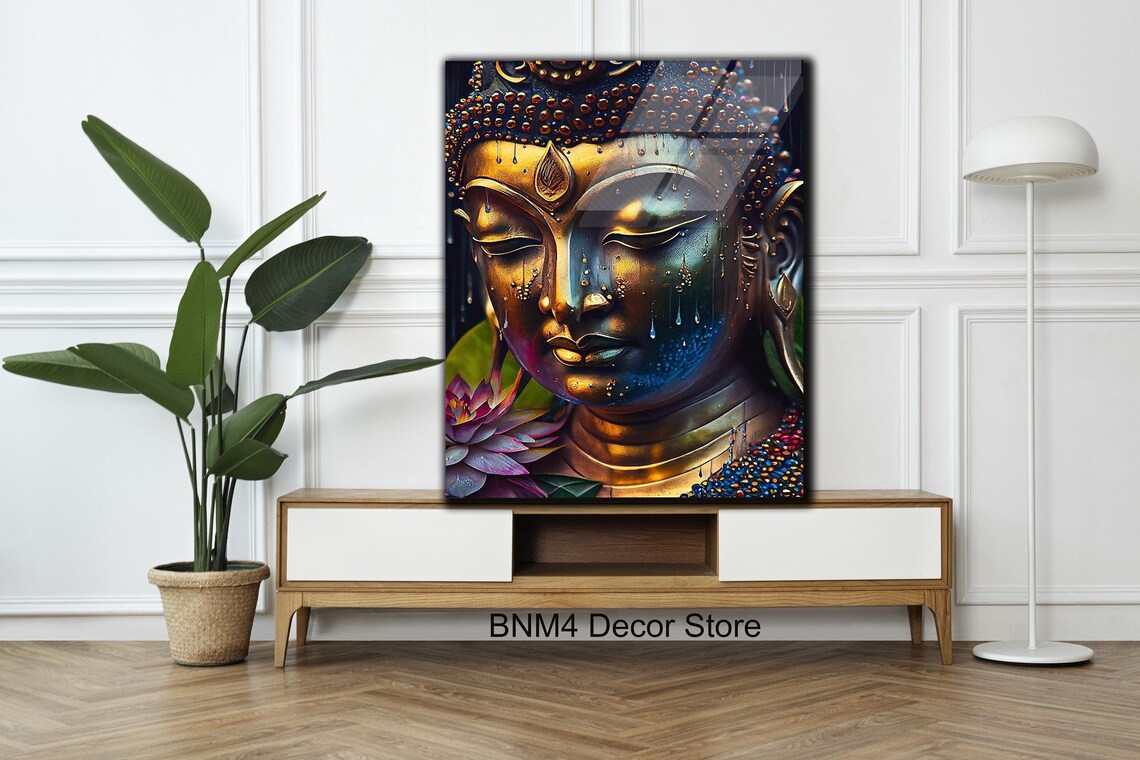 Golden Buddha Face Lotus Flower Water Drops Meditation Glass Wall Art