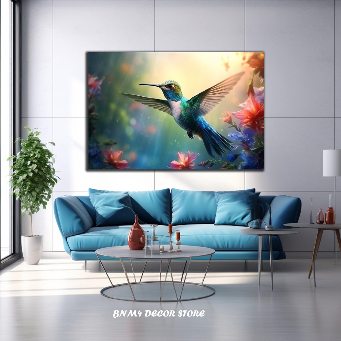 Hummingbird in Flight Among Colorful Flowers with Soft Glow Poster
