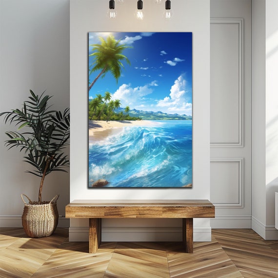 White Beach Tempered Glass Art Palm Tree Wall Decor Island Glass Print Large Wall Art Wall Hangings Ocean Wall Art Natural Decor