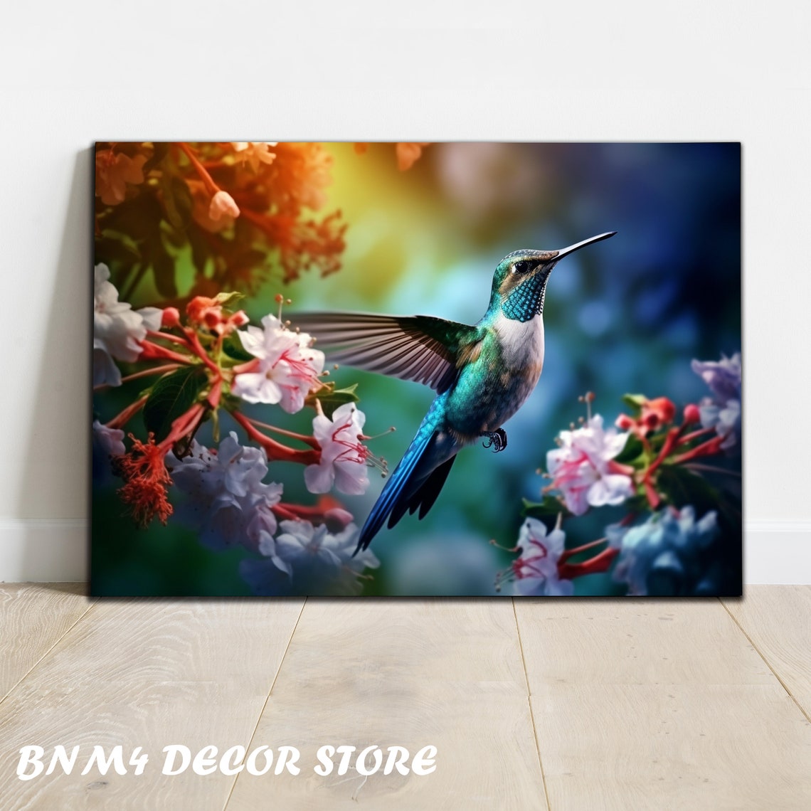 Iridescent Hummingbird Hovering Among Blossoms in Warm Light Poster