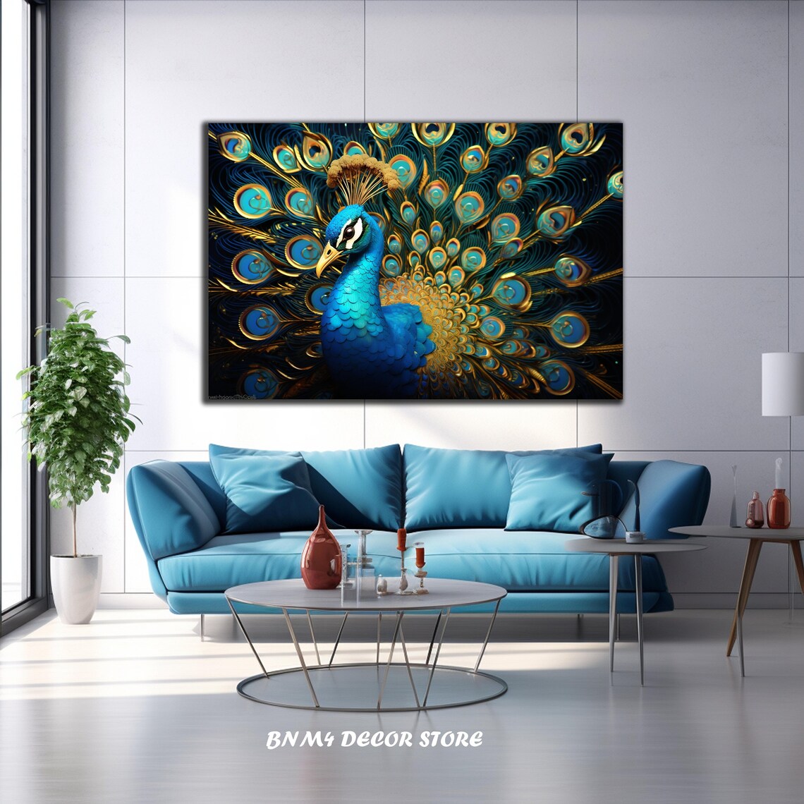 Golden Blue Peacock Full Royal Feather Fan Majestic Bird Poster