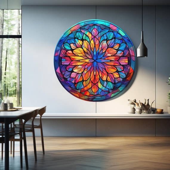 Rainbow Stained Glass Mandala Flower Round Colorful Sacred Art Poster