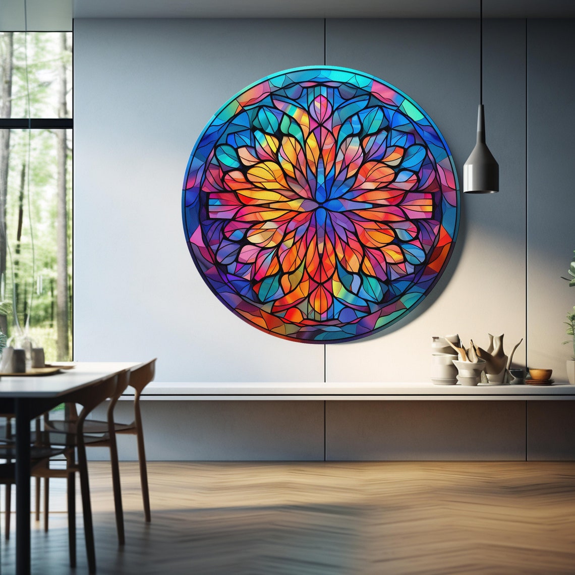 Rainbow Stained Glass Mandala Flower Round Colorful Sacred Art Poster