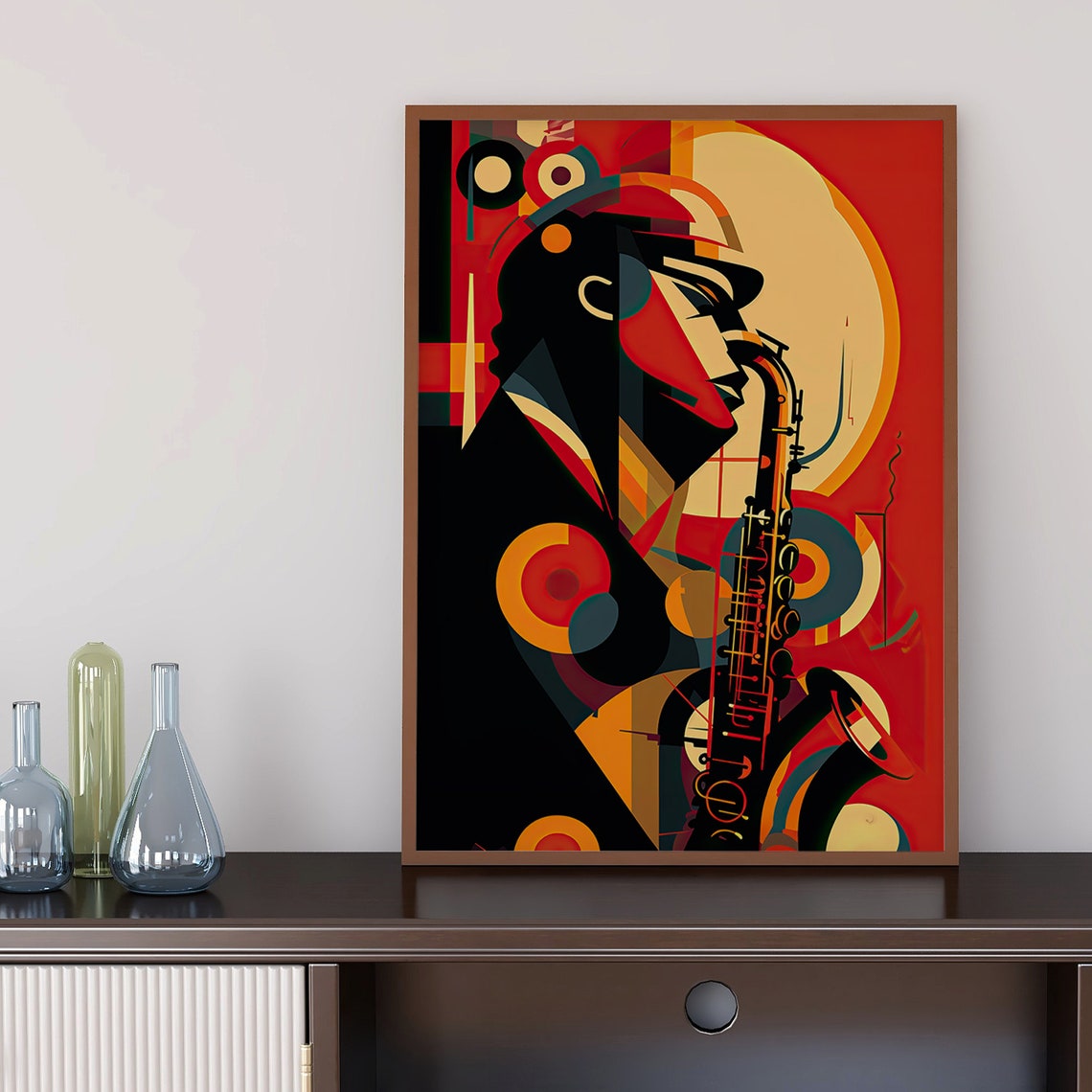Geometric Saxophonist Red Black Orange Abstract Music Poster - Image 2
