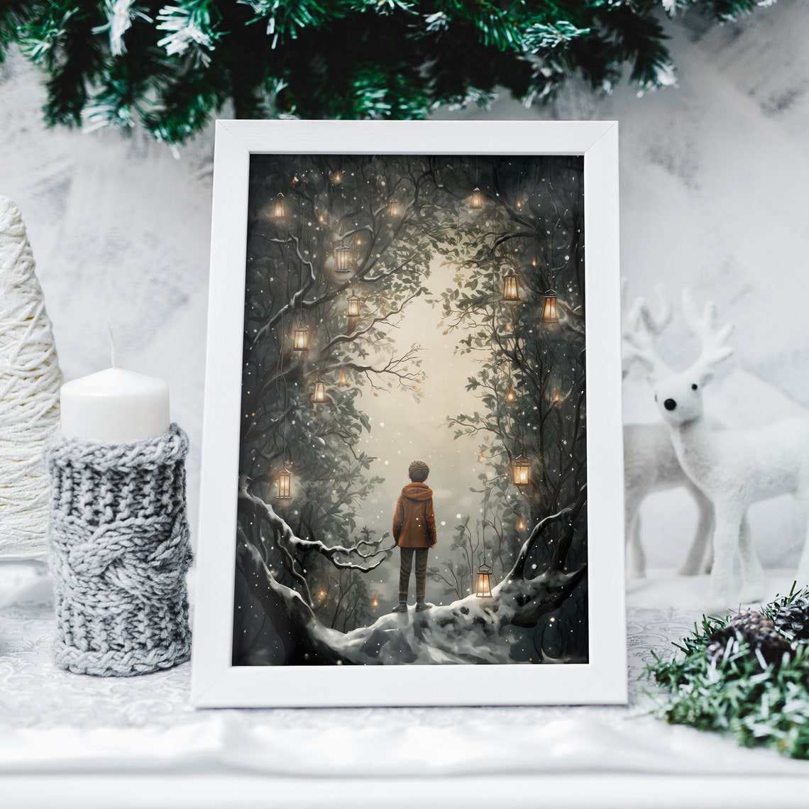 Magical Snowy Forest Lantern Boy Winter Wonderland Scene Poster - Image 2