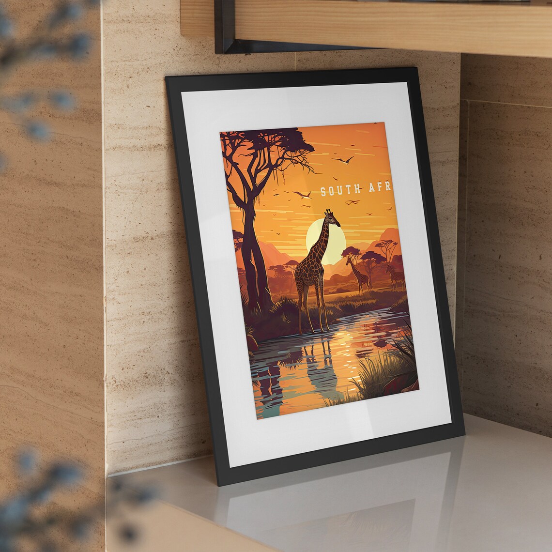 South Africa Giraffes Waterhole Sunset Savanna Vintage Travel Poster - Image 2