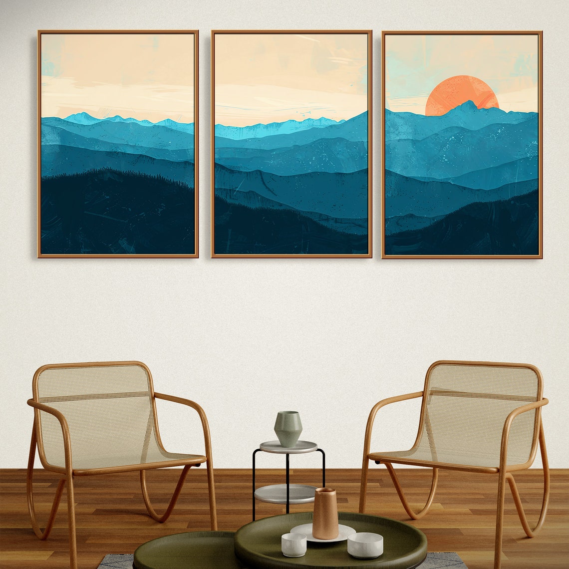 Blue Mountains Sunset Modern Three Piece Abstract Landscape Art Poster - Image 2