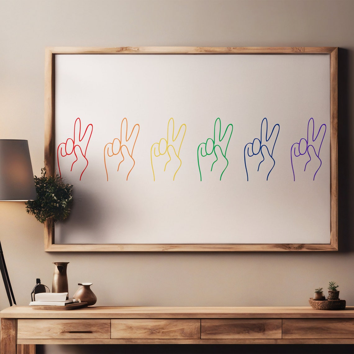 Rainbow Peace Sign Hands Line Art Colorful Minimalist Poster - Image 5