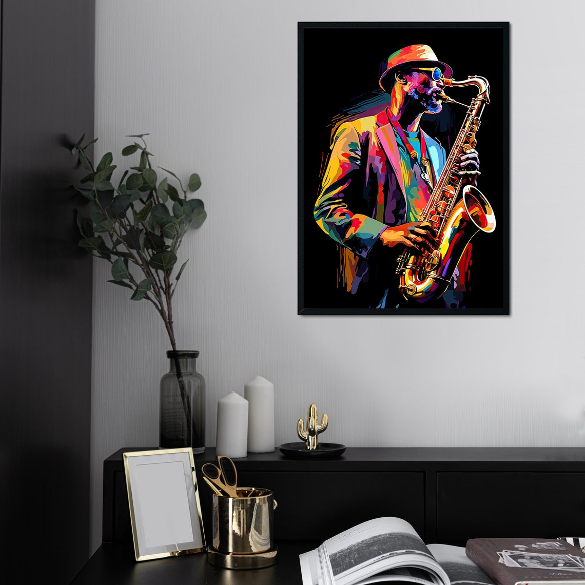 Colorful Pop Art Saxophonist With Hat Sunglasses Black Poster - Image 3