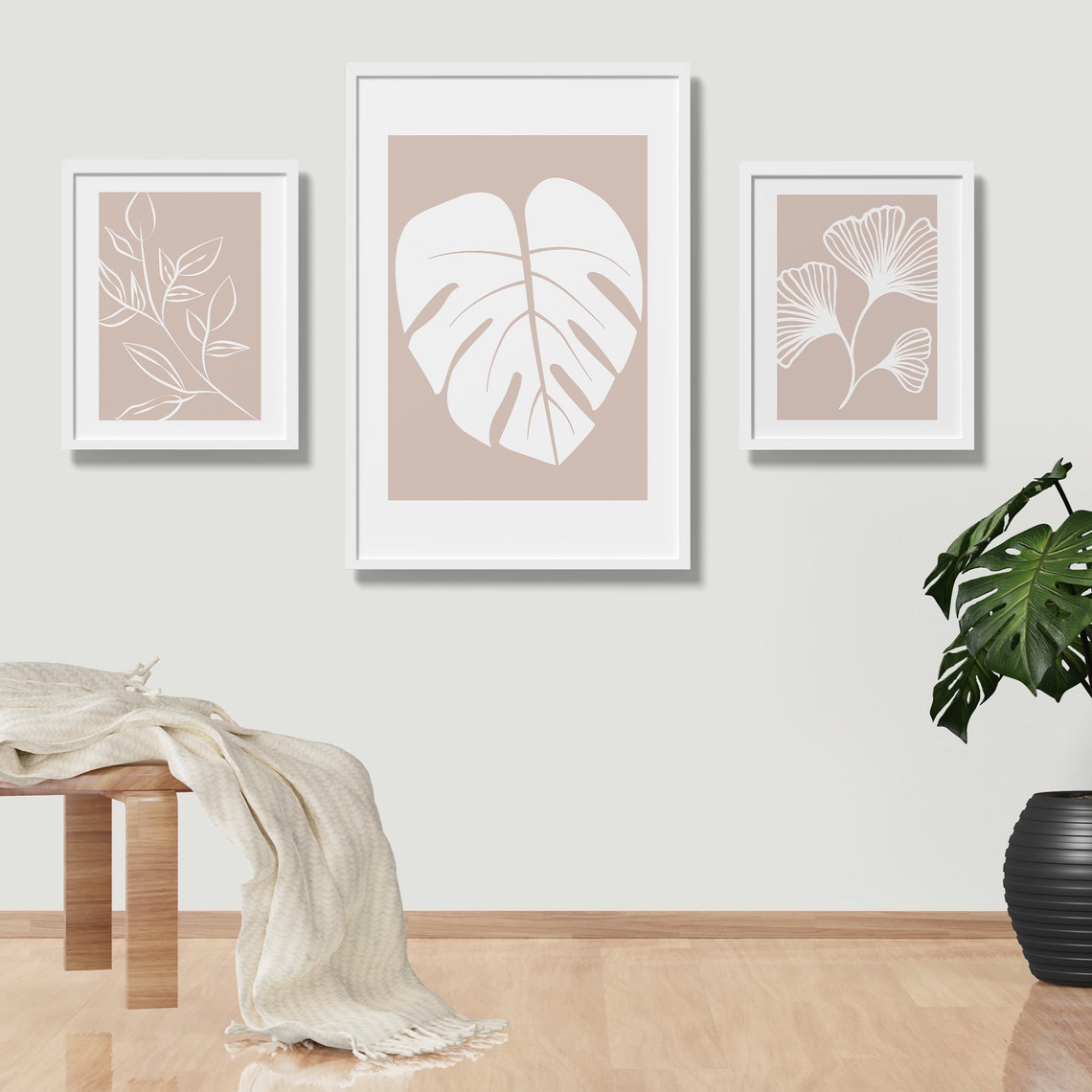 Set Of 3 Beige Botanical Line Art Leaves Monstera Ginkgo Poster - Image 5