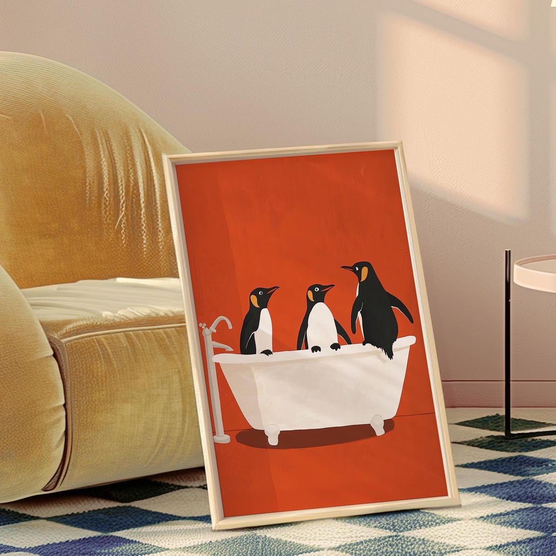 Penguins In Bathtub Funny King Penguin Bath Orange Bathroom Poster - Image 2
