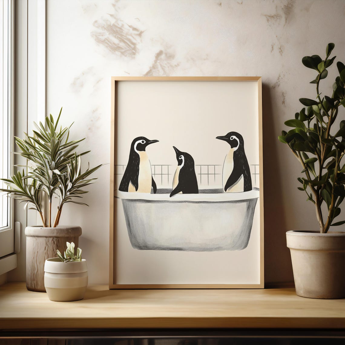 Three Penguins In Gray Bathtub Minimalist Beige Bathroom Poster - Image 6