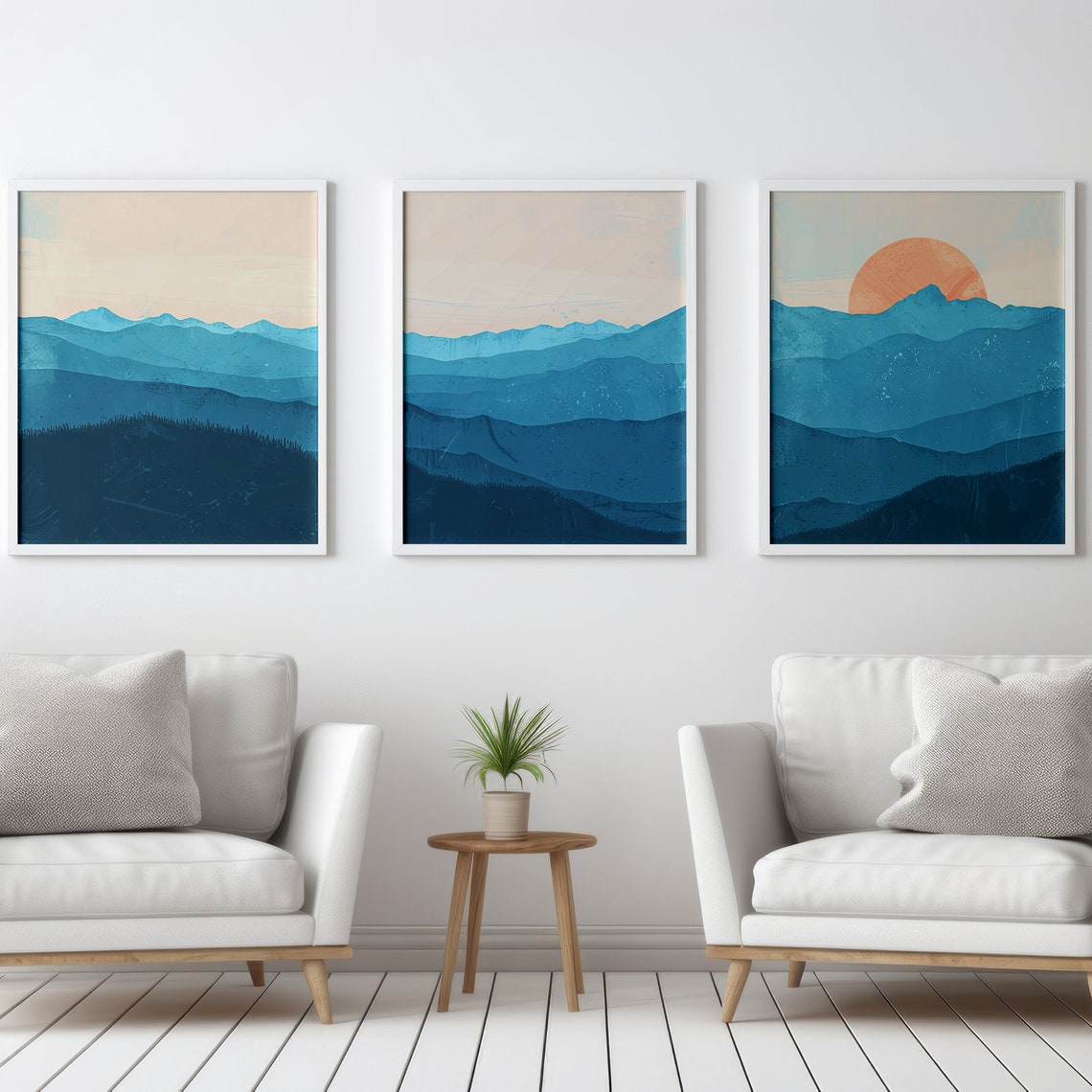 Blue Mountains Sunset Modern Three Piece Abstract Landscape Art Poster - Image 3