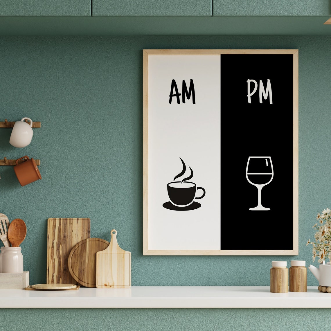 AM Coffee PM Wine Funny Split Black White Kitchen Gift Poster - Image 6