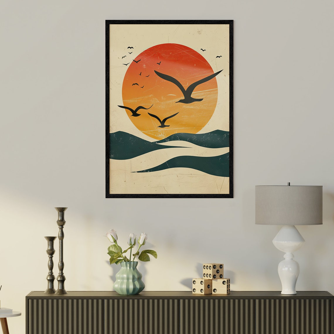 Seagulls Flying Over Big Red Sun Waves Vintage Coastal Art Poster - Image 3