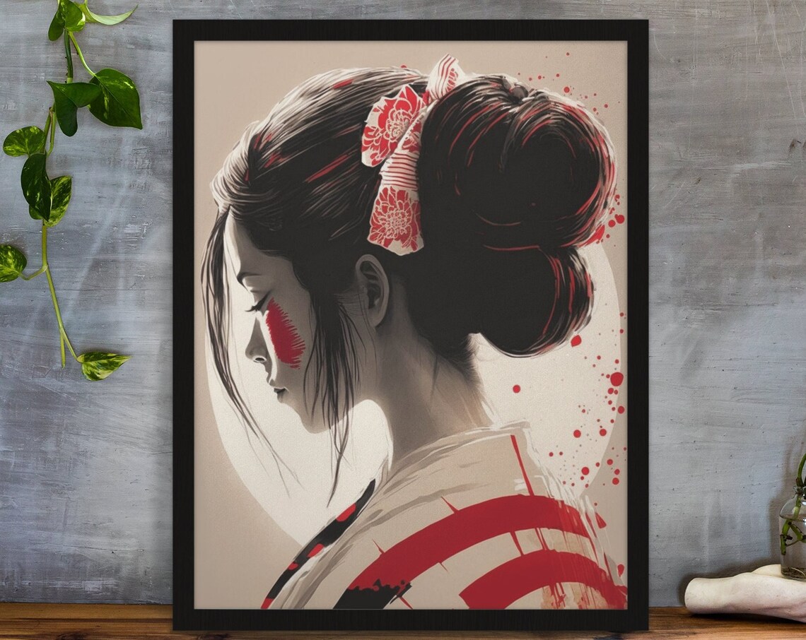 Geisha Portrait Cream Background Red Kanzashi Japanese Woman Poster