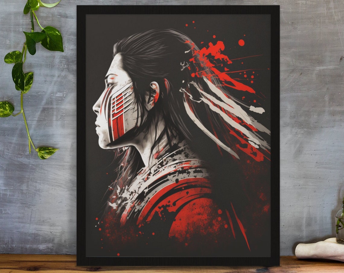Japanese Warrior Woman Profile Red Ink Splash Portrait Poster