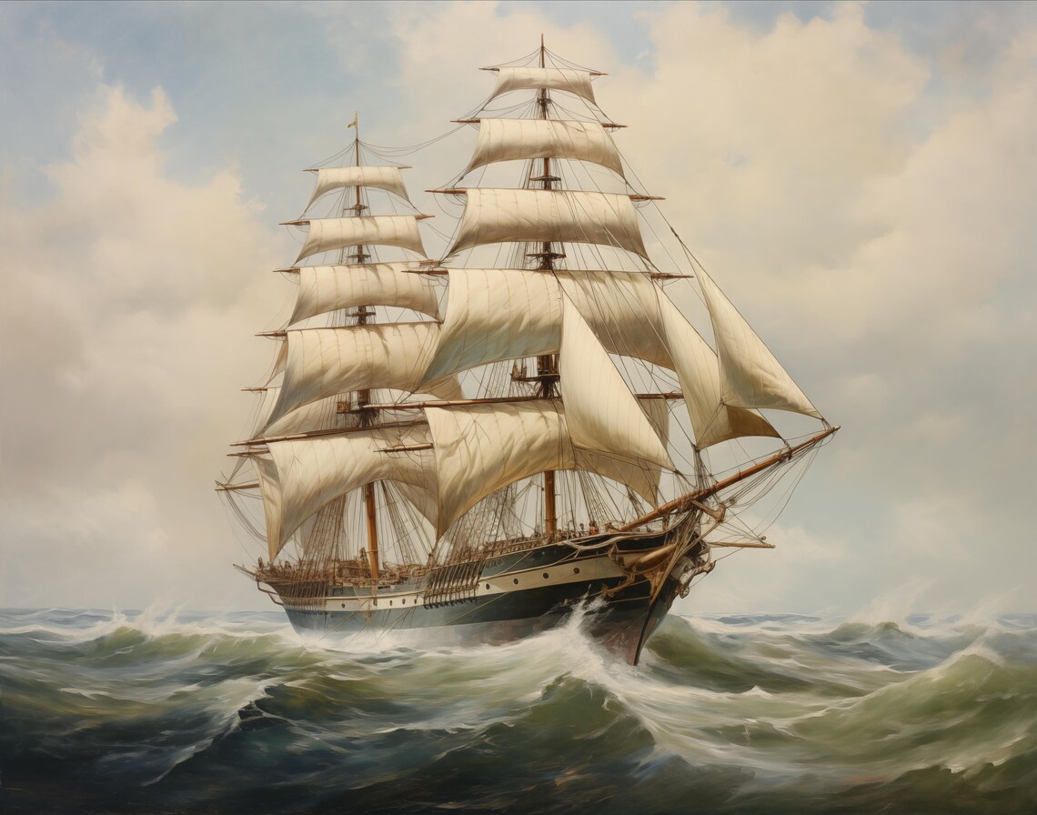 Tall Ship Full Sails Rough Seas Classic Maritime Painting Poster - Image 2