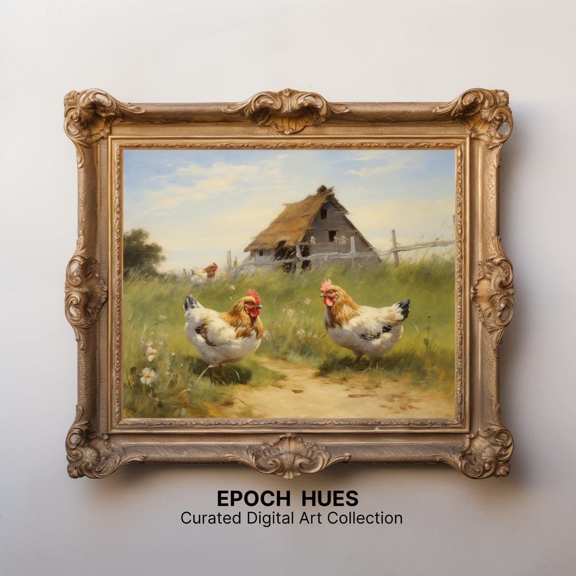 Two Hens Before A Thatched Barn Rustic Countryside Art Print - Image 2