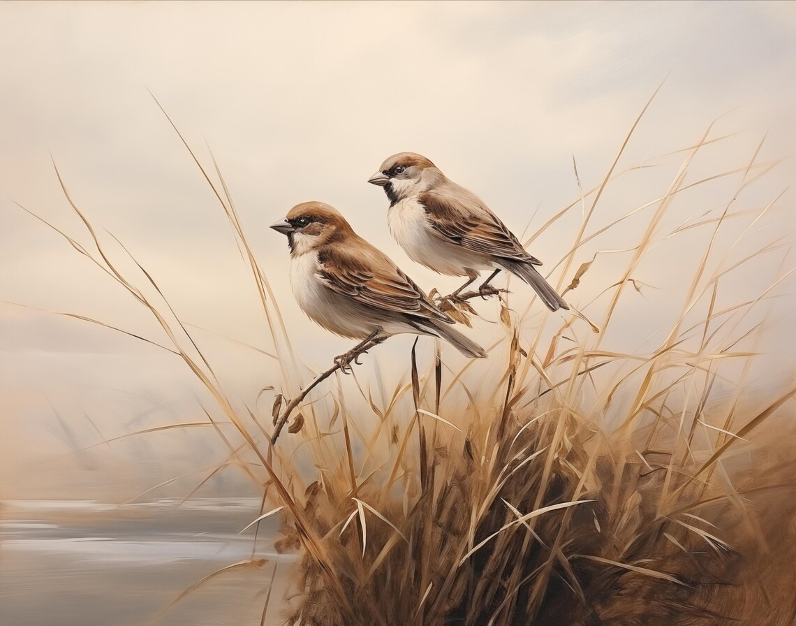 Two Sparrows On Golden Reeds Lakeside Wildlife Painting Wall Art - Image 2