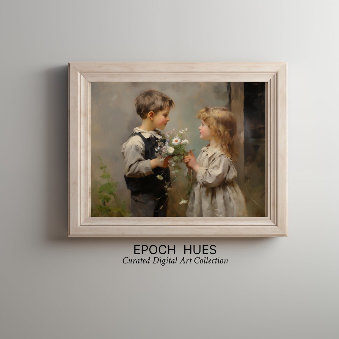 Boy Giving Girl Wildflowers Rustic Doorway Vintage Painting Wall Art