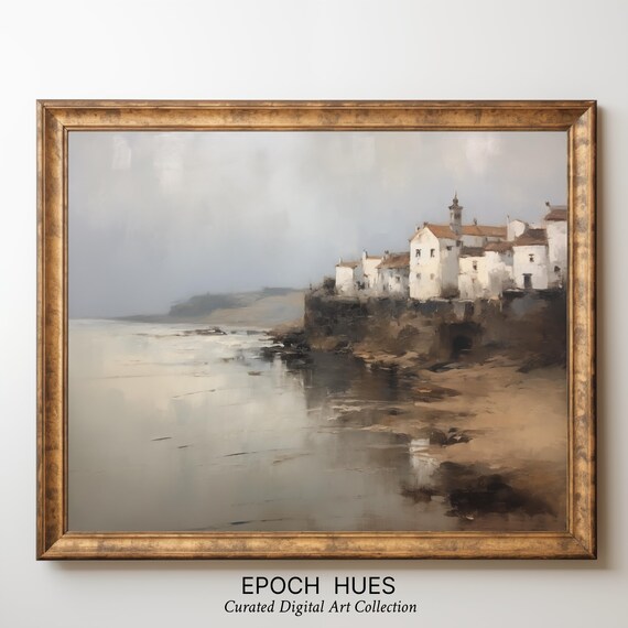 Whitewashed Coastal Village on Cliff Above the Sea Painting Poster