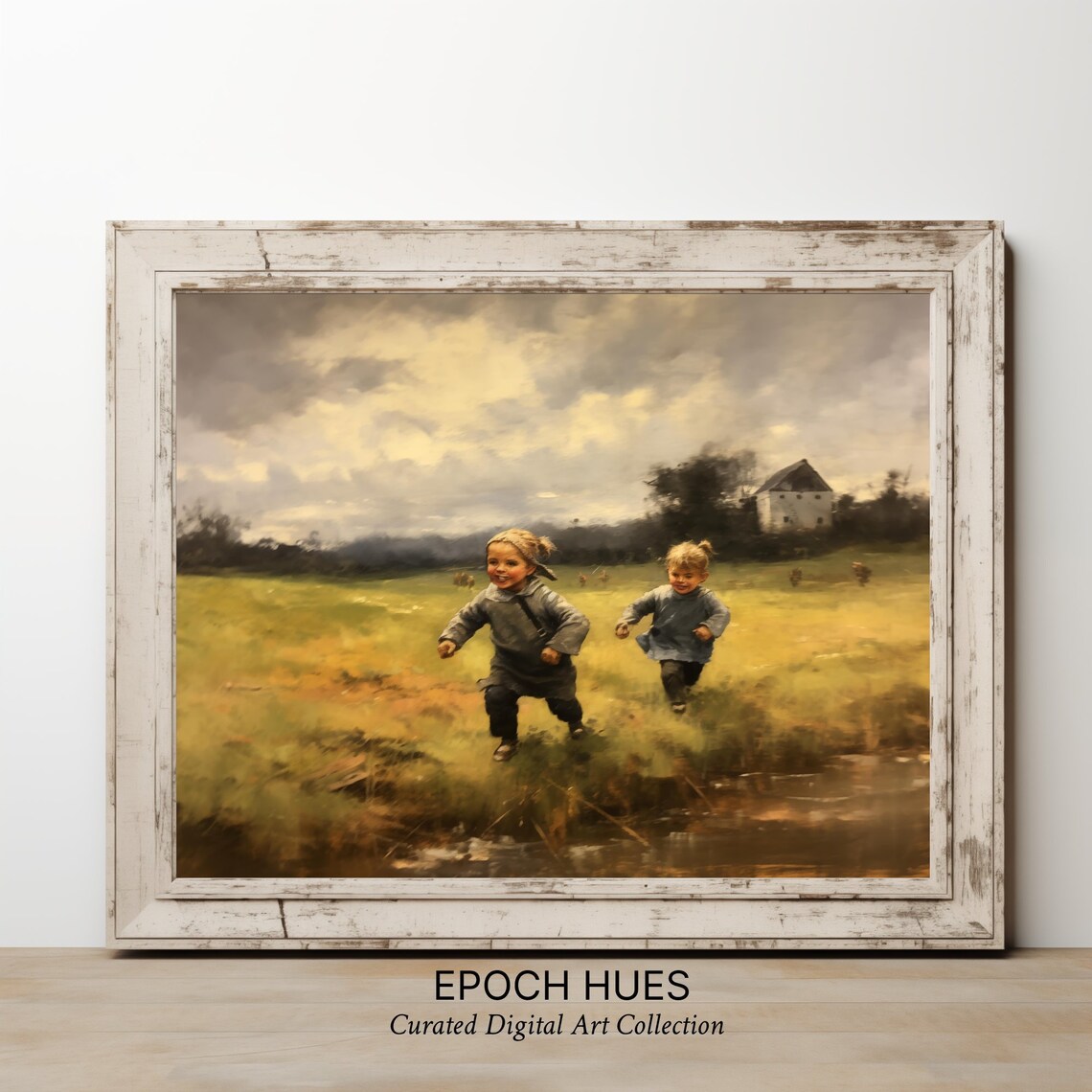 Two Children Running Meadow Farmhouse Joyful Vintage Painting Poster - Image 2